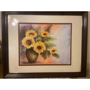Vintage Mary Eib Signed Floral Watercolor Painting - "Sunflowers in Vase" Framed